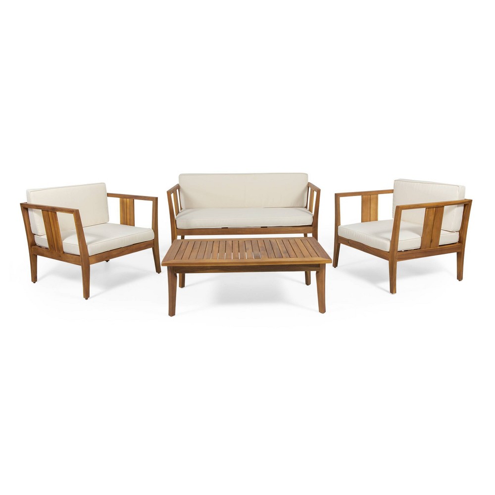 Nicholson Outdoor 4 Seater Acacia Wood Chat Set - Teak/Beige - Christopher Knight Home: Patio Conversation Set with Cushions & Coffee Table
