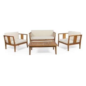 Nicholson Outdoor 4 Seater Acacia Wood Chat Set - Teak/Beige - Christopher Knight Home
