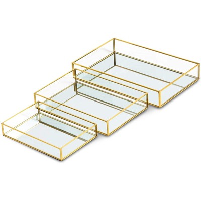 Juvale Set of 3 Gold Mirror Vanity Tray for Perfume, Makeup, Decorative Rectangle Jewelry Organizer for Bathroom, Dresser, 3 Sizes