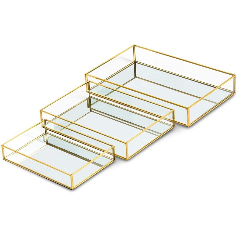 Juvale Set of 3 Gold Mirror Vanity Tray for Perfume, Makeup, Decorative Rectangle Jewelry Organizer for Bathroom, Dresser, 3 Sizes, 1 of 9