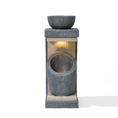 LuxenHome 32" H Resin Bowl Sculpture Outdoor and Indoor Resin Cascading Water Fountains Indoor with LED Lights Garden Decor Waterfall Gray