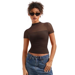 Short Sleeve Sheer Mesh Ruched T Shirts with Mock Turtle Neck Short Sleeve Basic Summer Tees Tops Slim Fit T Shirts Trendy Going Out Tops - 1 of 4