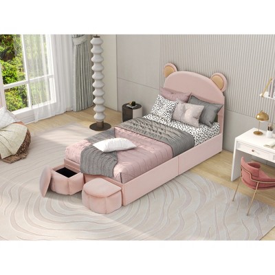 ALEXOUN Upholstered Bed Frame with 2 Storage Drawers and Chic Double Petal Headboard , Princess Platform Bed, Pink Full Size