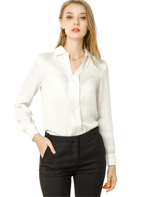 INSPIRE CHIC Women's Elegant V Neck Long Sleeve Office Work Satin Shirt