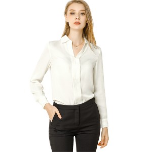 INSPIRE CHIC Women's Elegant V Neck Long Sleeve Office Work Satin Shirt - 1 of 4