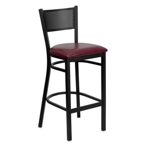 Emma and Oliver Black Metal Grid Back Barstool, Burgundy Vinyl Seat - 1 of 4