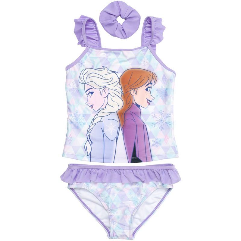 Disney Frozen Elsa Princess Anna Girls Tankini Top Bikini Bottom and Scrunchie 3 Piece Swimsuit Set Little Kid to Big Kid, 1 of 9