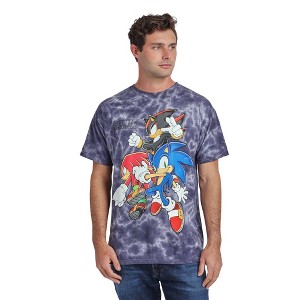 Sonic The Hedgehog Sonic Knuckles & Shadow Men's Dark Blue Mineral Wash Crew Neck Short Sleeve T-shirt - 1 of 4