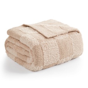 Snuggle Sac Faux Fur Checkered Throw Blanket, Fluffy Feather Yarn Blend Bedding Blankets for Couch or Bed - 1 of 4