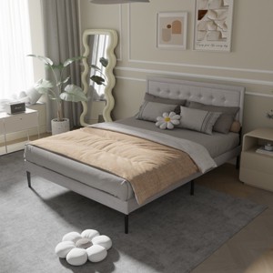 Accent Bed Frame Modern Tufted Upholstered Headboard with Wooden Slats for Bedroom Queen - 3irtyhousy - 1 of 4