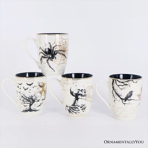 Elegant Goth Set of 4 Ceramic Mugs with Real Gold Trim, Black and White Halloween Coffee Cup Kitchen Gift - 1 of 4