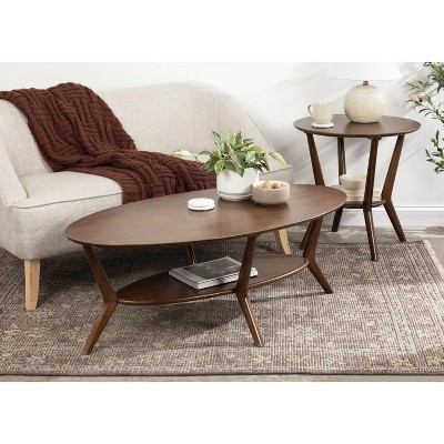 Walnut Brown Mid-Century Modern Oval Coffee Table with Storage