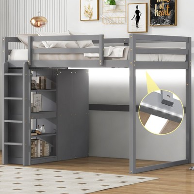 NicBex Full Size Loft Bed with Storage & LED Lights,Wooden Loft Beds with Built-in Wardrobe & Shelves,Spacious Loft Bed for Kids,Teens