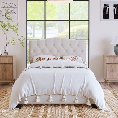 Platform Bed Frame,Beige Upholstered Linen Fabric Platform Wooden Bed Frame With Saddle Curved Headboard And Diamond Tufted Details-Cuddlewood