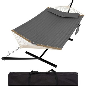 V-Shaped Wooden Frame Hammock Portable Cotton Rope Hammock with Gray Quilted Comfort Pad - 1 of 4