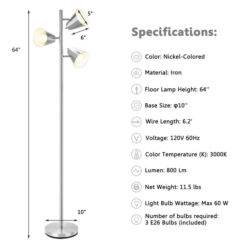 Tangkula 64" Mid Century Modern Floor Lamp 3 Light Tree, Standing Tall Pole Lamp w/ 3 LED Bulbs & Adjustable Heads (Nickel), 5 of 11