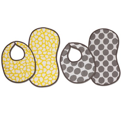 Bacati - Ikat Yellow/Gray Dots/Giraffe Muslin 4 pc set of Bibs & Burp Cloths Set