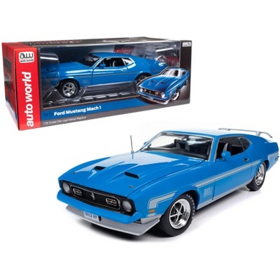 1972 Ford Mustang Mach 1 Grabber Blue with Silver Stripes "American Muscle" Series 1/18 Diecast Model Car by Auto World
