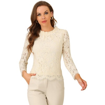 Allegra K Women's Lace Long Sleeve Keyhole Back Ruffle Neck Floral Blouse