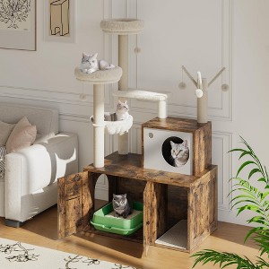 Cat Tree, Cat Condo - with Litter Box Enclosure, Wooden Furniture with Platform, Hammock, Scratching Posts for Indoor Kittens - 1 of 4