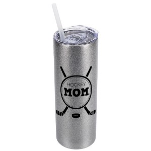 Elanze Designs Silvertone Sparkle 20 Ounce Double Wall Stainless Steel Glitter Travel Tumbler With Sliding Lid And Straw, Hockey Mom - 1 of 4