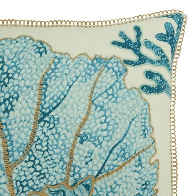 Aqua and Beige Cotton Sea Fan Pillow Cover, 20"