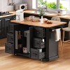 56"W Kitchen Island with Rubber Wood Veneer Table, Drop Leaf, Power Outlet, 2 Doors, Rolling Kitchen Cart w/ 6 Deep Drawers, Black/White - ModernLuxe - 2 of 4