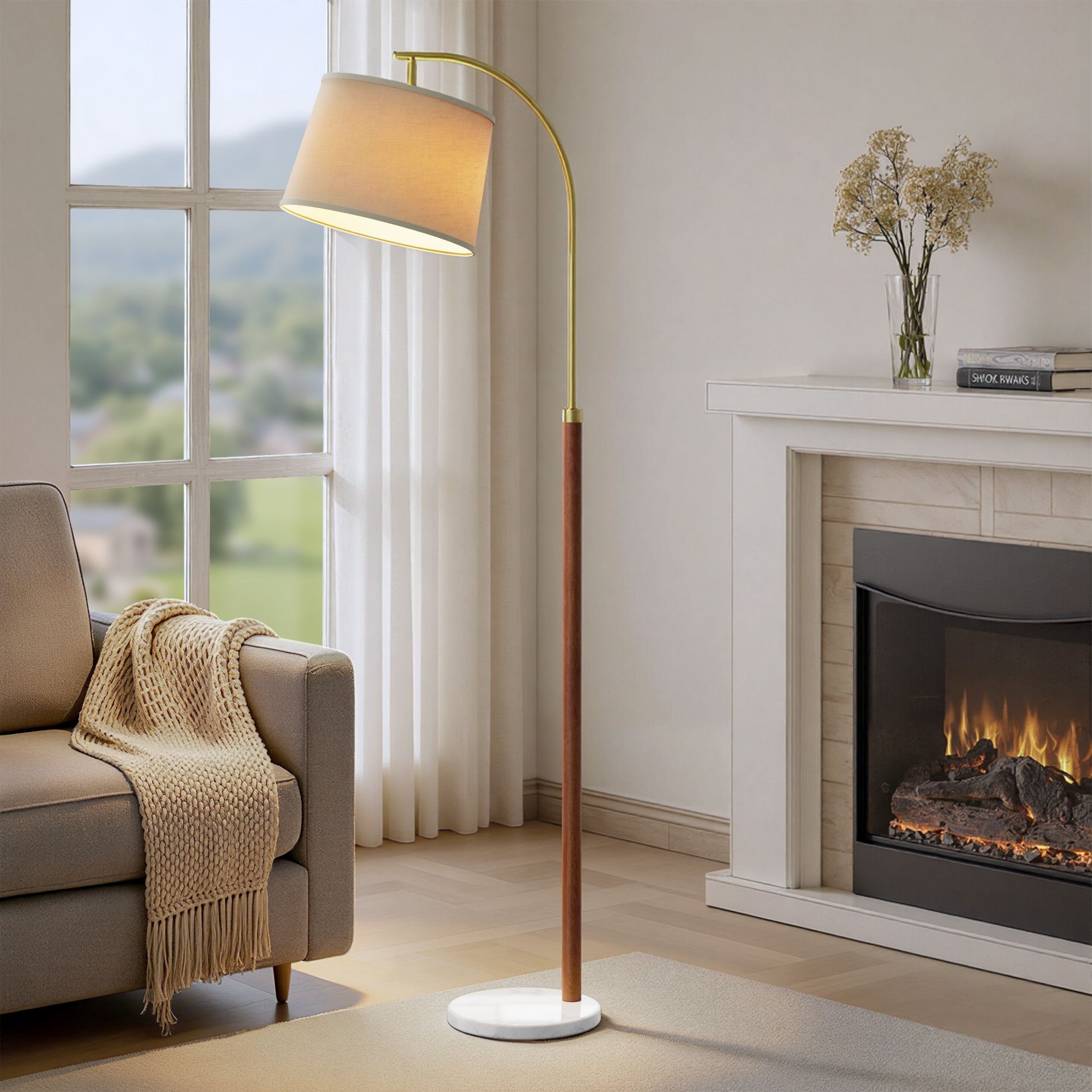 Maxax 62.75" Solid Wood and Marble Floor Lamp with Foot Switch, Modern Elegant Arched Standing Lamp for Living Room, Bedroom, Antique