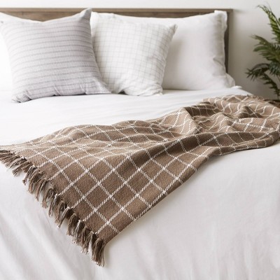 Brown and White Cotton Plaid Throw Blanket with Fringe