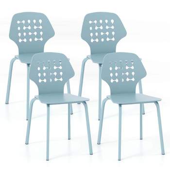 Costway Metal Dining Chair Set of 4 Armless Kitchen Hollowed Backrest & Metal Legs Blue/White