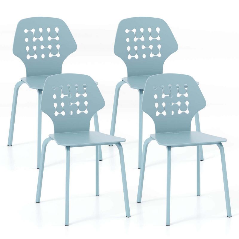 Costway Metal Dining Chair Set of 4 Armless Kitchen Hollowed Backrest & Metal Legs Blue/White, 1 of 11