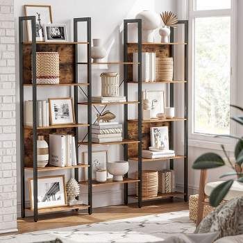 VASAGLE 5-Tier Bookcase with 14 Shelves, Book Shelf with Metal Frame, Bookshelf for Living Room, Home Office, Industrial Style, Rustic Brown and Black