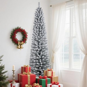 9ft Prelit Flocked Pencil Christmas Tree - Slim Artificial Design, Built-in Lights, Sturdy Metal Stand for Holiday & Party Decor - 1 of 4