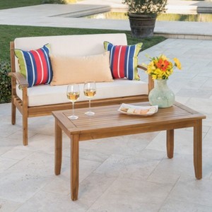Peyton 2pc Acacia Wood Loveseat and Coffee Table Set - Teak/Beige - Christopher Knight Home - 1 of 4