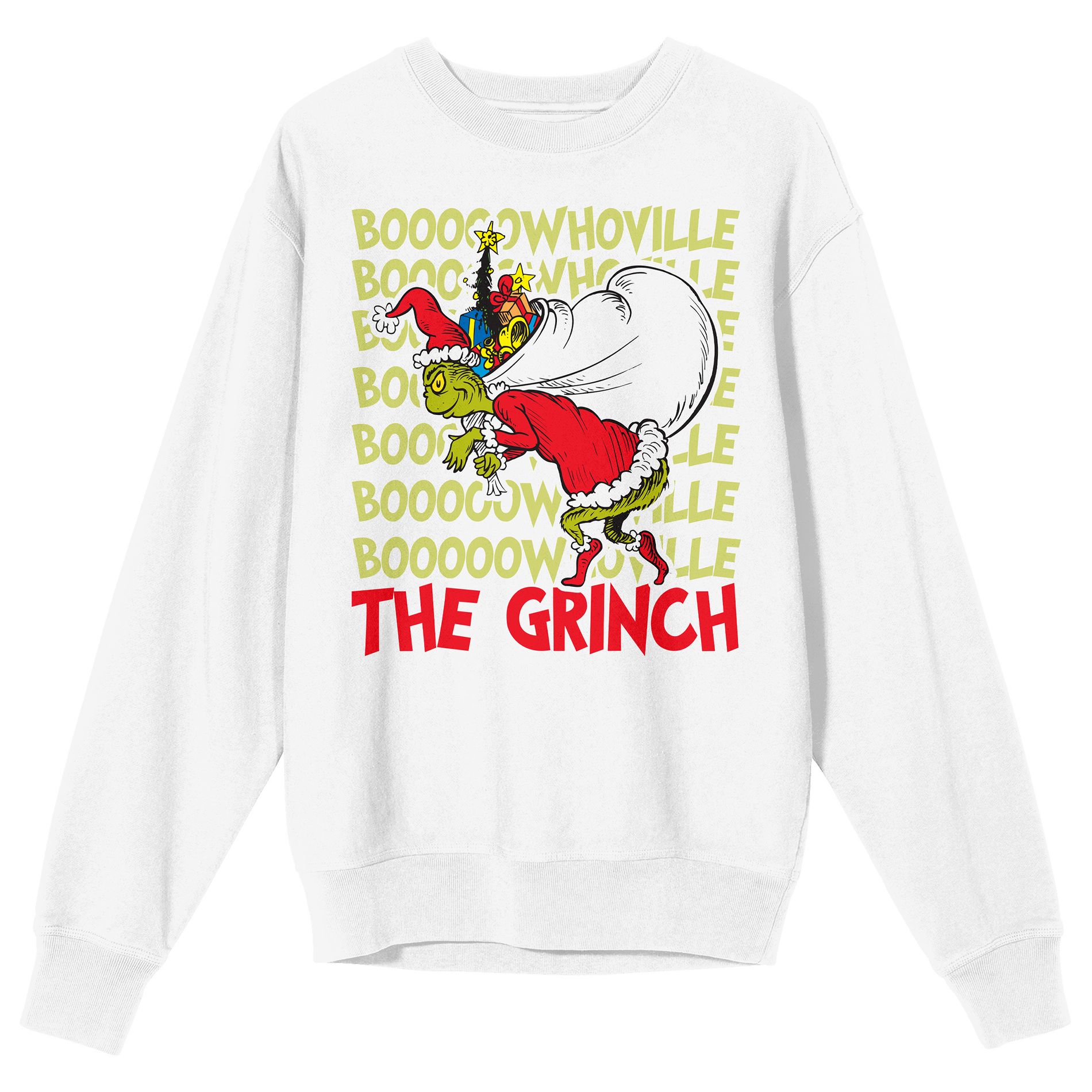 The Grinch Boowhoville Adult White Crew Neck Long Sleeve Sweatshirt