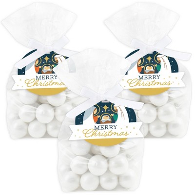 Big Dot of Happiness Holy Nativity - Manger Scene Religious Christmas Clear Goodie Favor Bags - Treat Bags With Tags - Set of 12