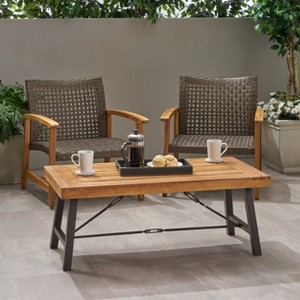 MOEPISY Outdoor Acacia Wood Coffee Table, Teak Finish, Rustic Metal Brown and Black - 1 of 4