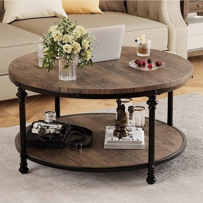 Round Coffee Table Rustic Center Table with Storage Shelf 2-Tier