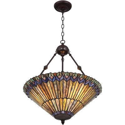 Elegant Peacock Feather 24.5" Bronze & Glass Pendant Light