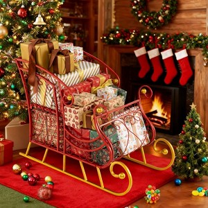 Costway Metal Christmas Santa Sleigh Basket Festive Decorative Sleigh Cart Holiday Red - 1 of 4