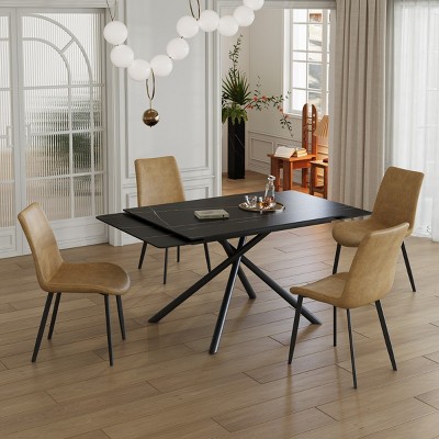 Modern Rectangular Extendable Dining Table for 6-8, Sintered Stone Kitchen Table or Dining Room Table with Crossed Metal Legs-The Pop Home