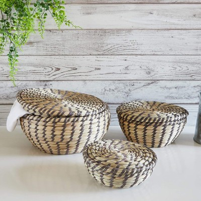 Natural and Brown Seagrass Round Storage Baskets with Lids, Set of 3