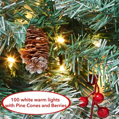 Casafield Pre-Lit Artificial Christmas Garland, 9FT Pre-Decorated Snow-Flocked Garland with 100 White Lights, Pine Cones, Berries Holiday Décor