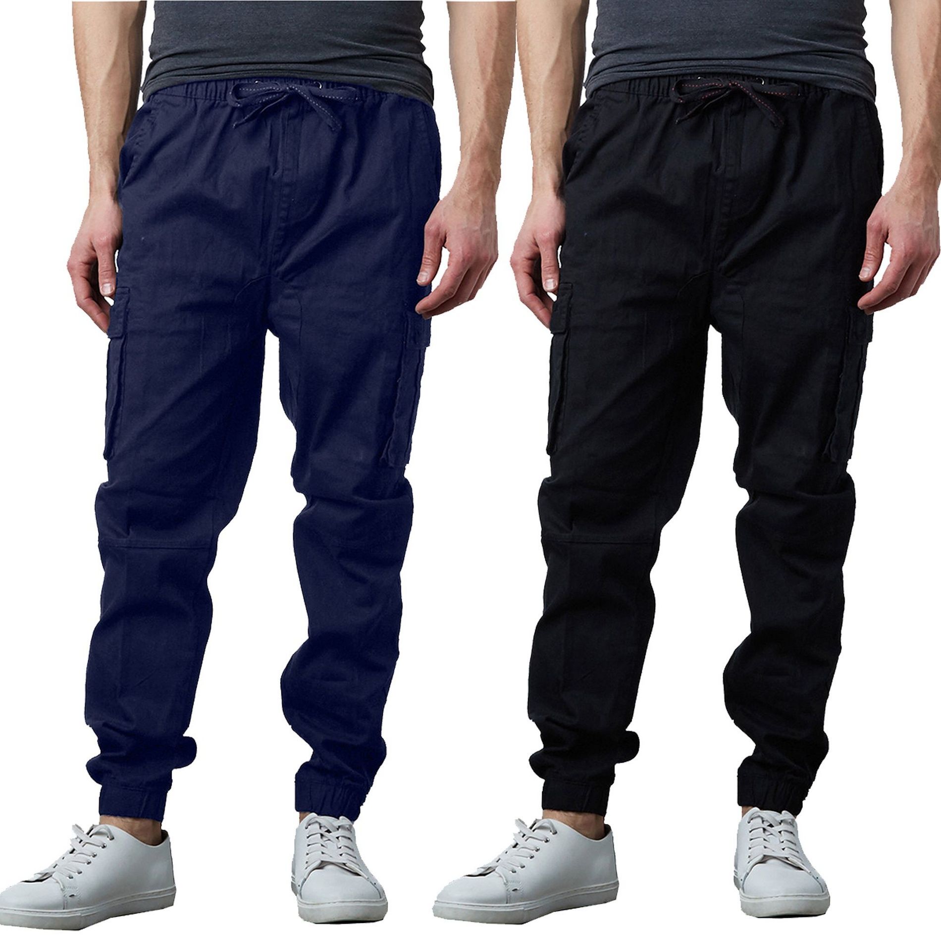 Jump Start Men's Slim Fit  Cotton Flex Stretch Cargo Jogger Pants- 2 Pack-Black & Navy-XL