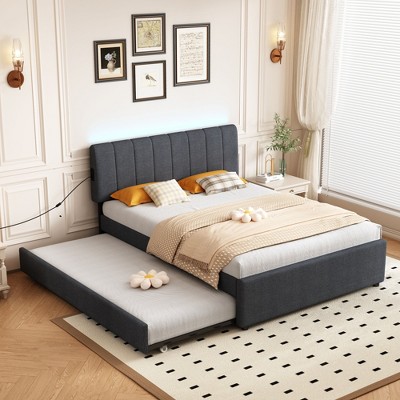 Full Size Upholstered Platform Bed with Twin Size Trundle and 1 sets of USB