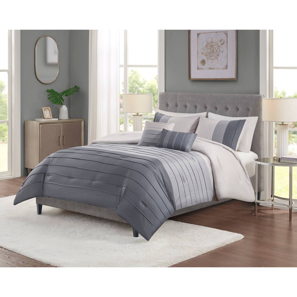 Photos - Duvet 5pc Full/Queen Boston Pleated Colorblock Comforter Bedding Set - Gray