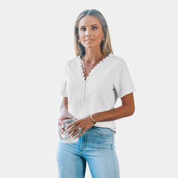 Women's White V-neck Lace Trims Tops - Cupshe