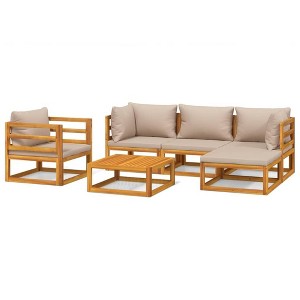 vidaXL 6 Piece Solid Acacia Wood Patio Lounge Set with Taupe Cushions – Outdoor Modular Garden Furniture Set with Sofas, Chair, Footrest, and Table - 1 of 4