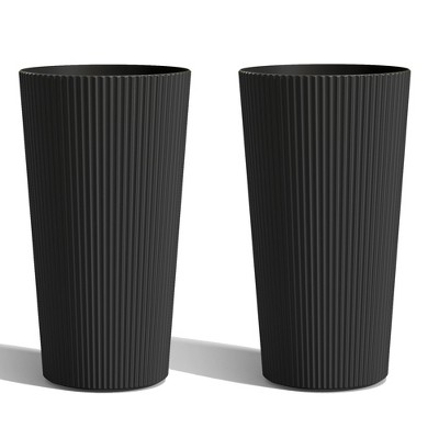 Maggift Tall Planters with Drainage, 2PCS Indoor Planter Pot Outdoor, Large Flower Pot  Conical Striped Plastic Flower Pot , Black 13"*13"*23.6"