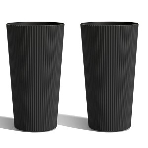 Maggift Tall Planters with Drainage, 2PCS Indoor Planter Pot Outdoor, Large Flower Pot  Conical Striped Plastic Flower Pot , Black 13"*13"*23.6" - 1 of 4